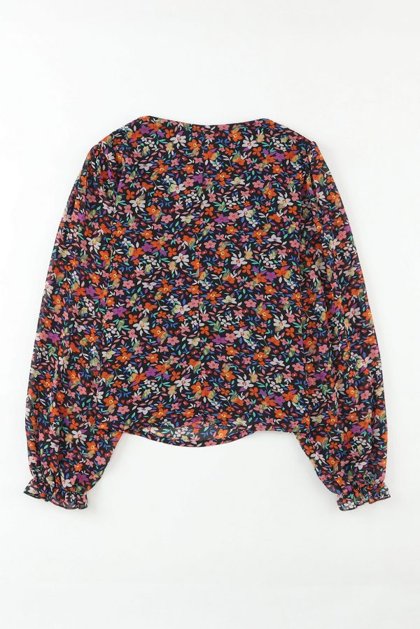 Black V Neck Bubble Sleeve Floral Blouse - Image 5