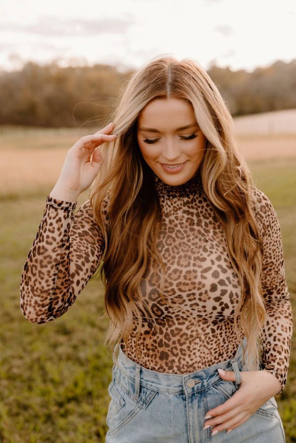 Brown Leopard Smocked Neck Mesh Long Sleeve Bodysuit - Image 4