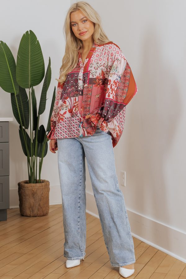 Red Boho Geometric Mixed Print Patchwork Bubble Sleeve Shirt - Image 6