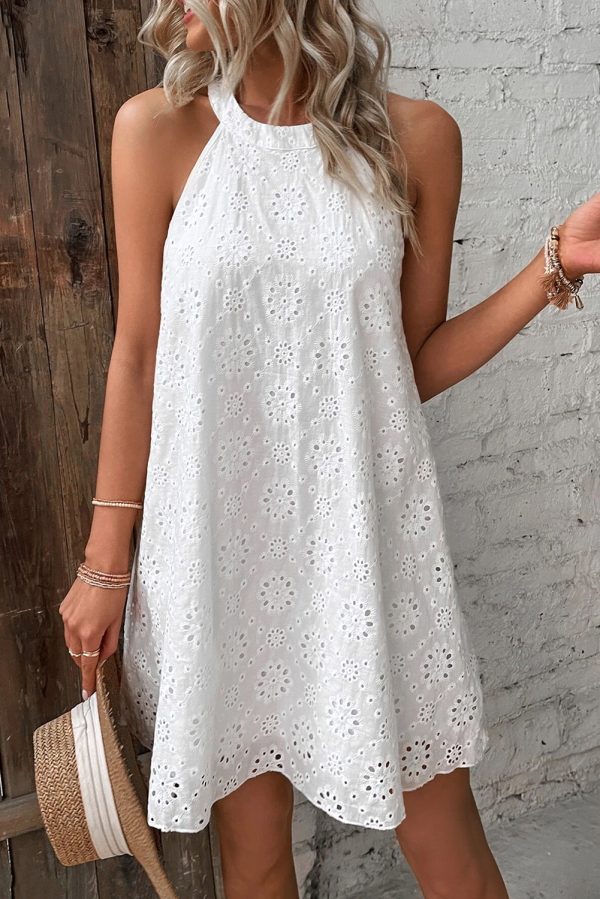 White Boho Eyelet Pattern Halter Neck Sleeveless Dress - Image 3