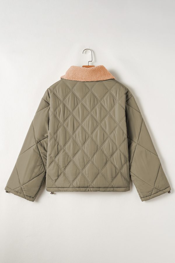Jungle Green Teddy Collar Flap Pockets Quilted Puffer Jacket - Image 5