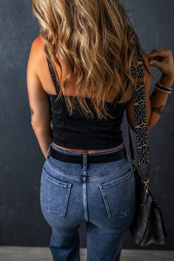 Black Acid Wash Buttoned Cropped Slim Denim Tank Top - Image 2
