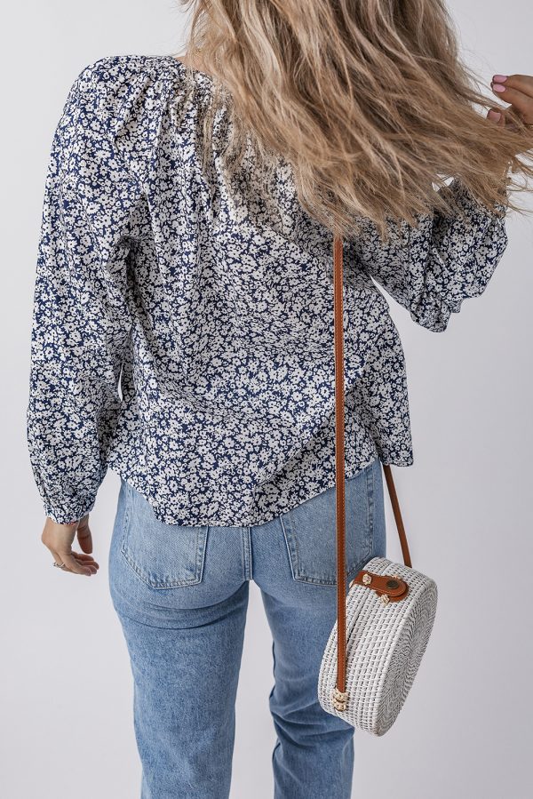 Blue Floral Print Notched V Neck Puff Sleeve Blouse - Image 2