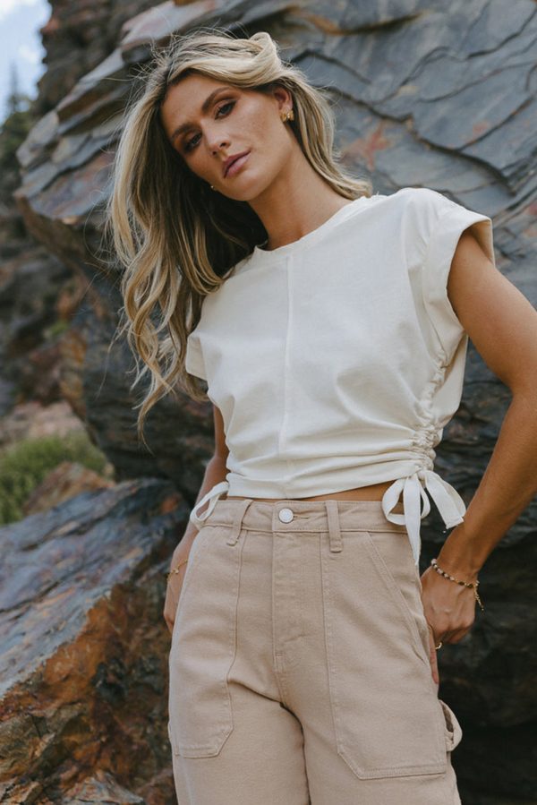 White Side Drawstring Short Sleeve Crew Neck Top - Image 3