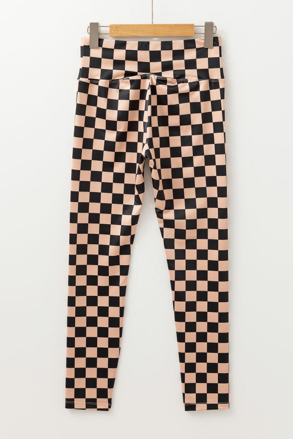 Khaki Checkered Pattern High Waist Skinny Leggings - Image 5