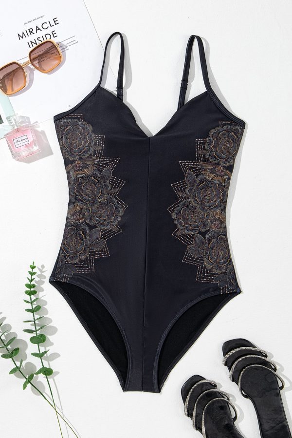 Black Petal Print Crisscross Back Spaghetti Straps Swimsuit - Image 4