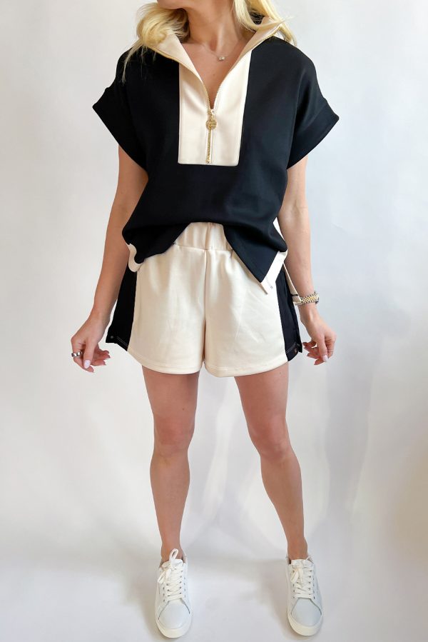 Black Contrast Zipped Stand Collared T Shirt and Short Set - Image 3