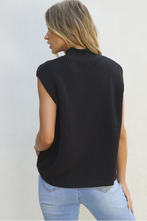 Black Solid Color Cable Knit High Neck Sweater Vest - Image 2