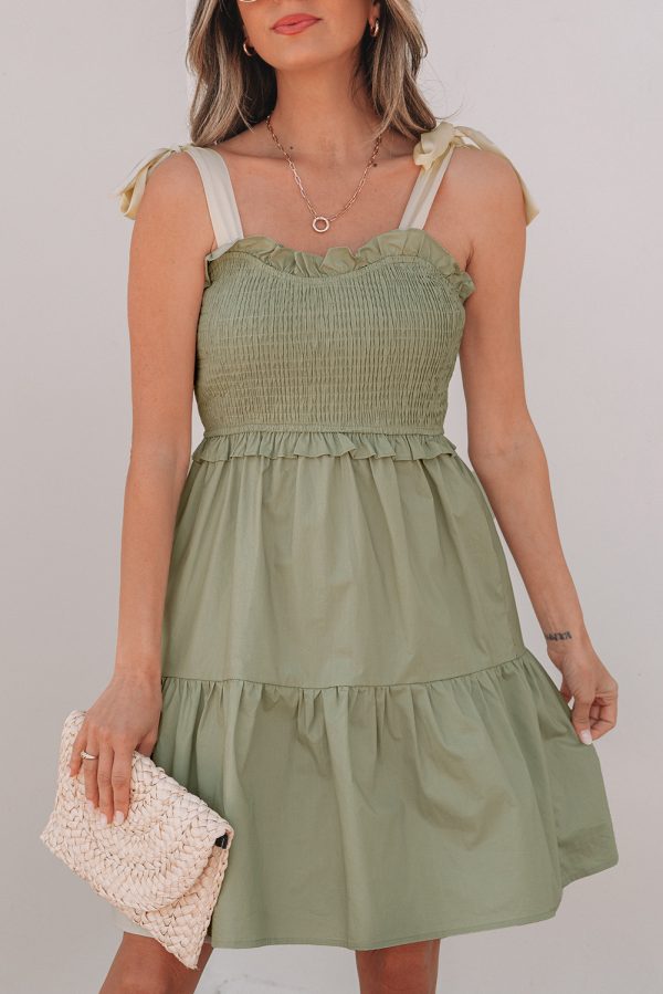 Laurel Green Smocked Bodice Self-tie Straps A-line Ruffled Mini Dress - Image 4
