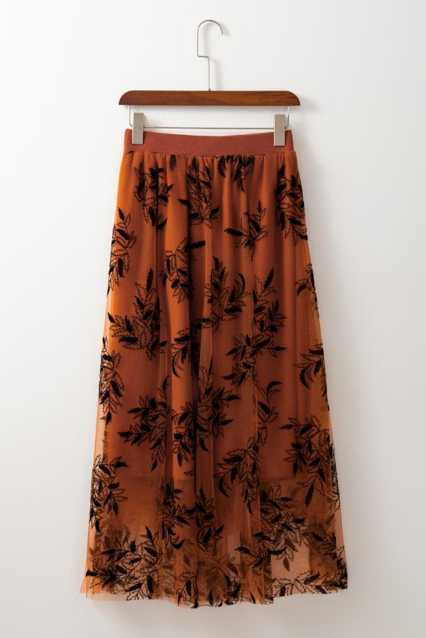 Peach Blossom Floral Leaves Embroidered High Waist Maxi Skirt - Image 17
