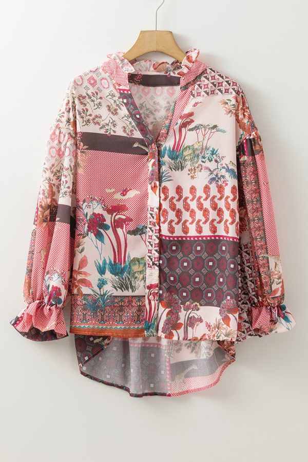 Red Boho Geometric Mixed Print Patchwork Bubble Sleeve Shirt - Image 7