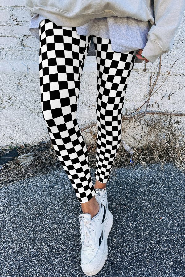 Khaki Checkered Pattern High Waist Skinny Leggings - Image 8