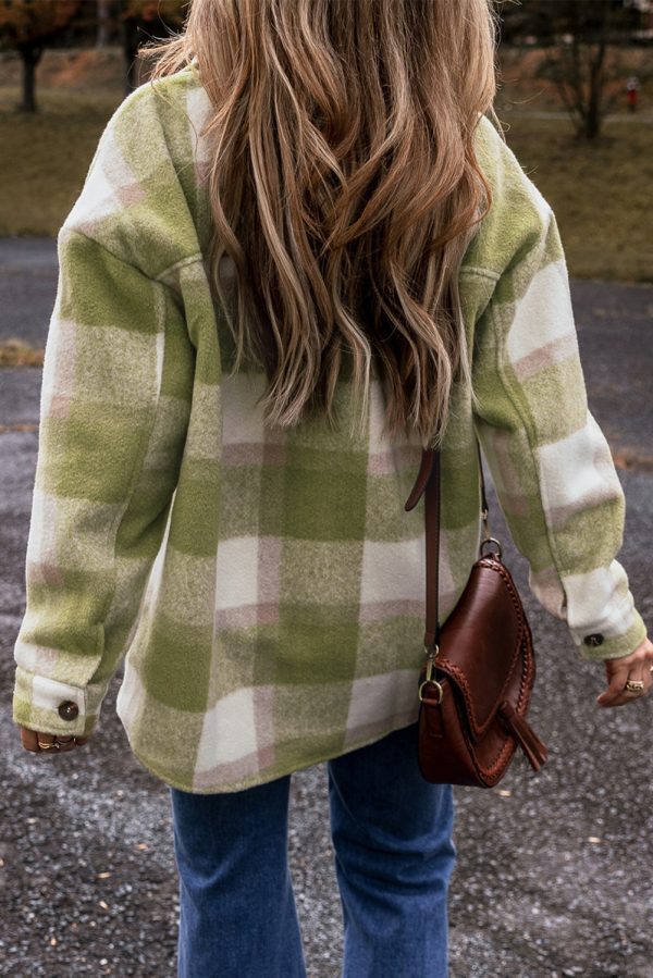 Sage Green Plaid Print Buttoned Flap Pockets Baggy Shacket - Image 2