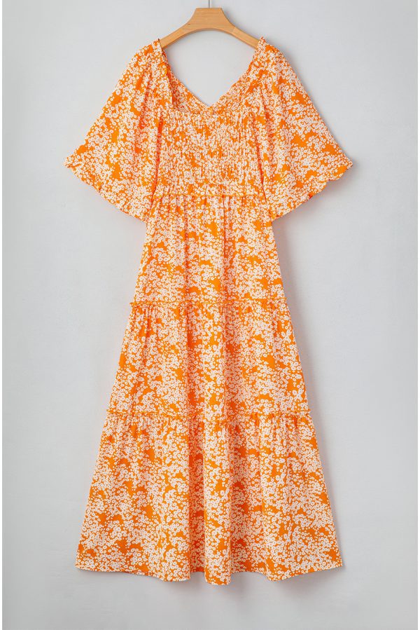 Orange Floral Print Smocked V Neck Wide Sleeve Maxi Dress - Image 8