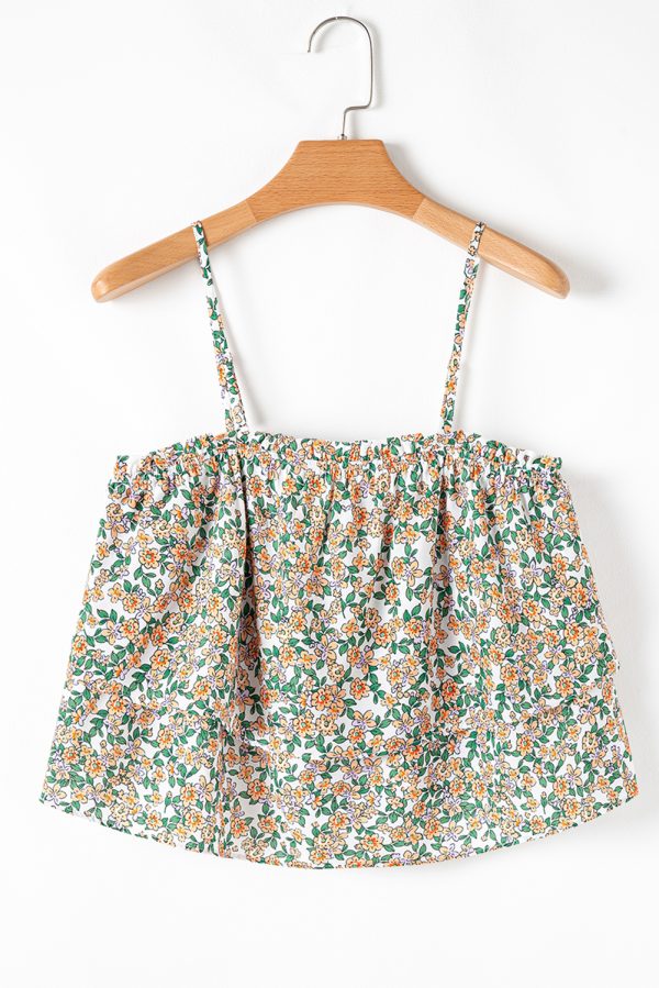 White Boho Floral Spaghetti Strap Ruffle Summer Tank Top - Image 5