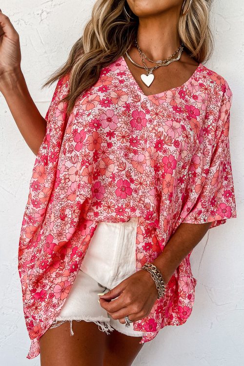 Pink Boho Floral V Neck Kimono Style Blouse