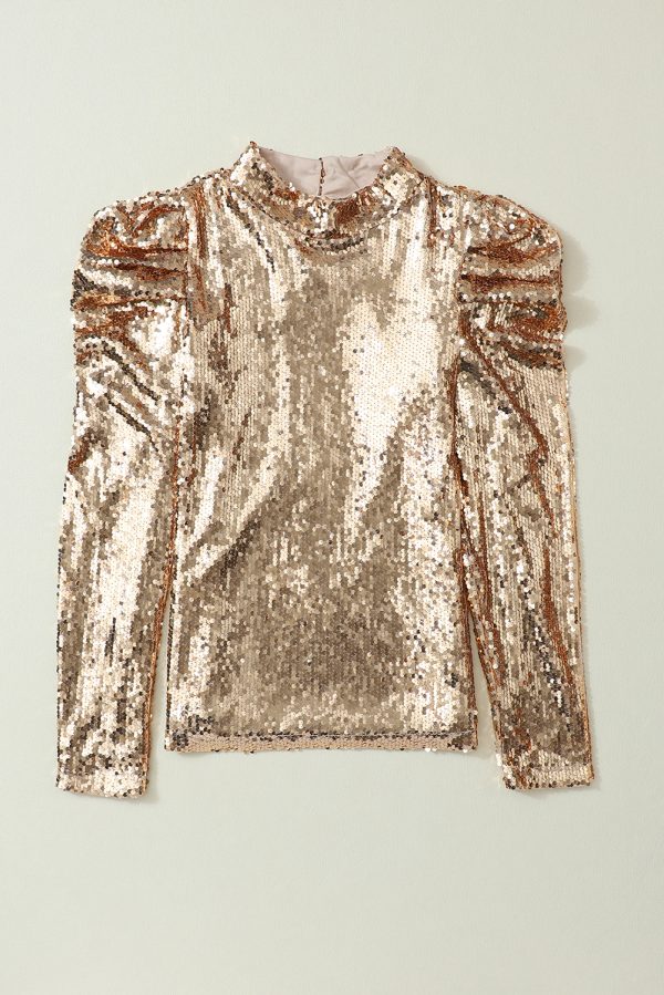Apricot Sequin Mock Neck Bubble Sleeve Top - Image 5