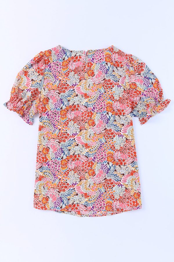 Multicolor Mix Floral Pattern Bubble Sleeve Blouse - Image 7