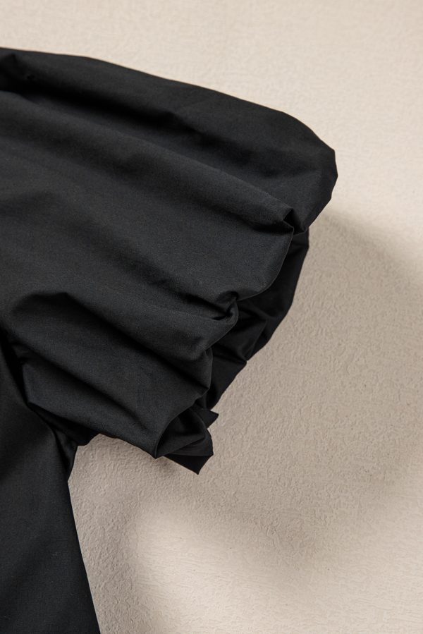 Black Shirt Style Button Down Puff Sleeve Ruffle Hem Dress - Image 10