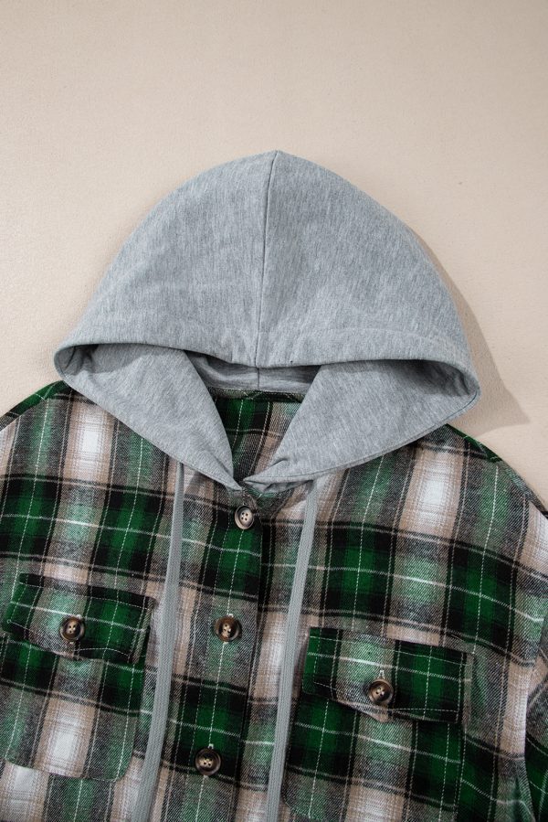 Green Plaid Print Chest Pocket Buttoned Hooded Shacket - Image 8