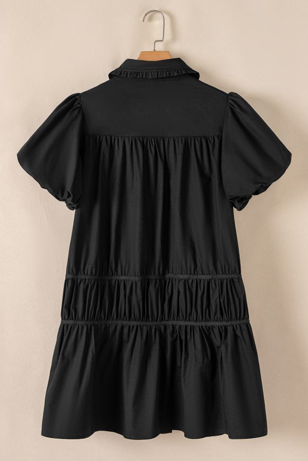 Black Shirt Style Button Down Puff Sleeve Ruffle Hem Dress - Image 5
