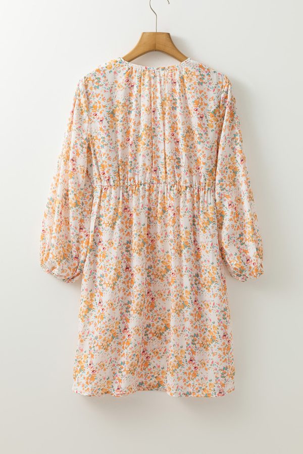 Yellow Boho Floral V Neck Ruffled Empire Waist Long Sleeve Mini Dress - Image 5