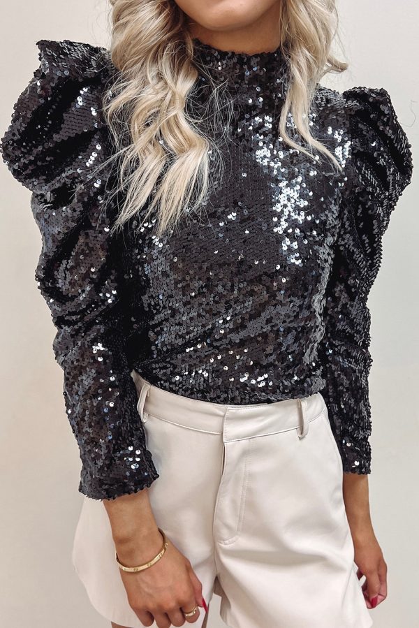 Apricot Sequin Mock Neck Bubble Sleeve Top - Image 12