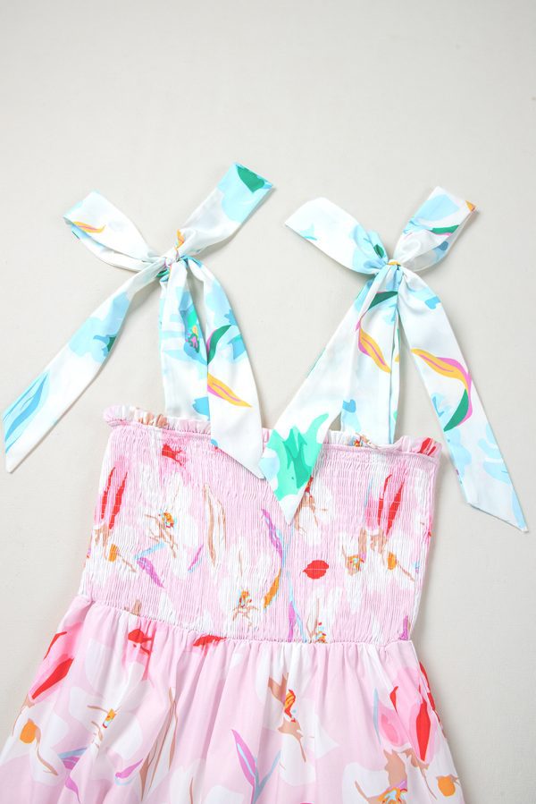 Pink Floral Print Knotted Shoulder Smocked Maxi Dress - Image 11