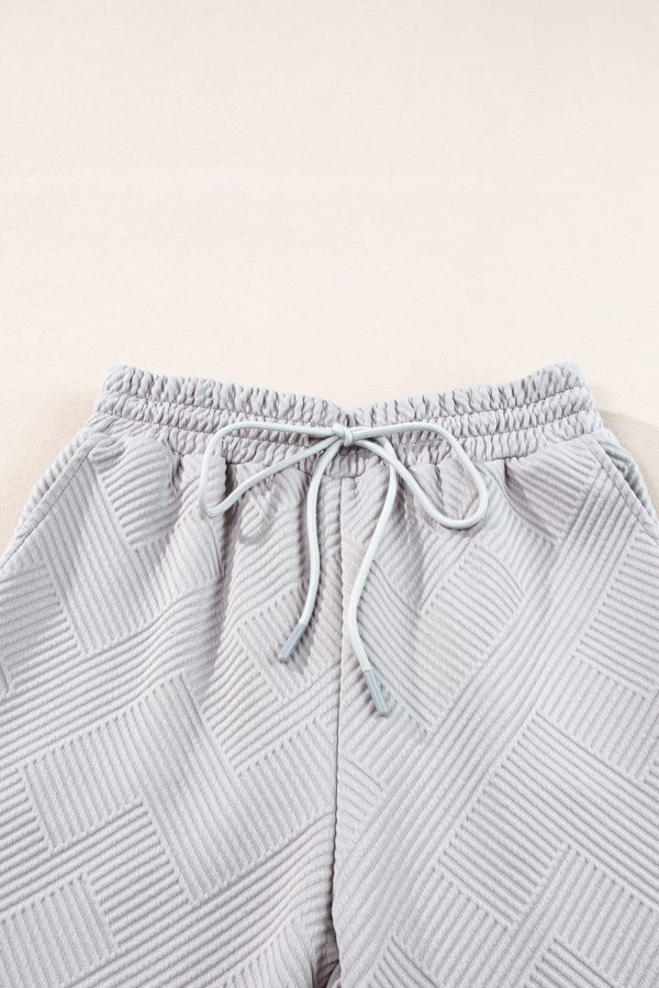 Light Grey Solid Textured Collared V Neck Top and Wide Leg Pants Set - Image 8