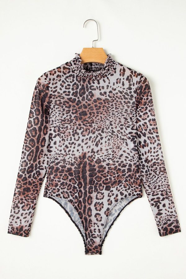 Brown Leopard Smocked Neck Mesh Long Sleeve Bodysuit - Image 7