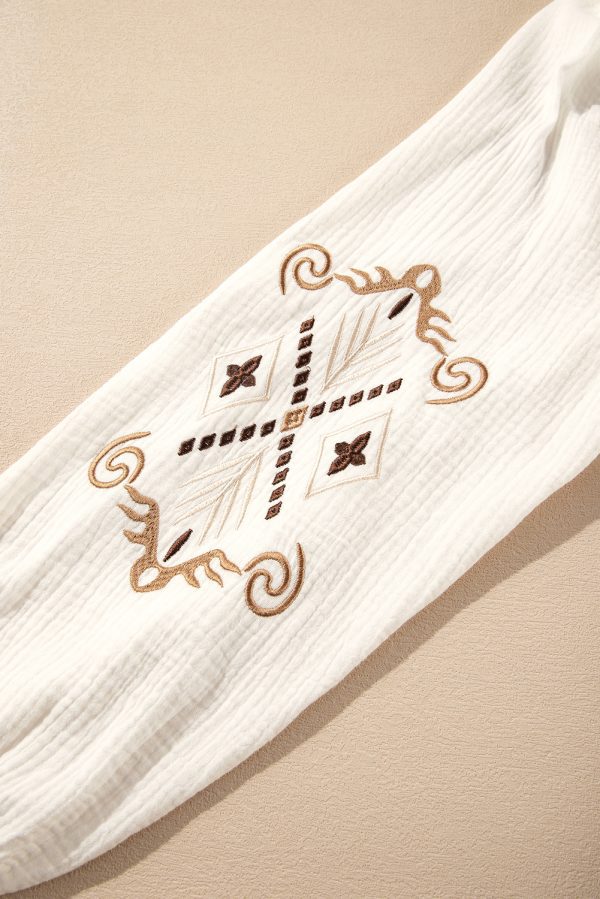 White Embroidered Textured Buttoned Crew Neck Shirt - Image 9