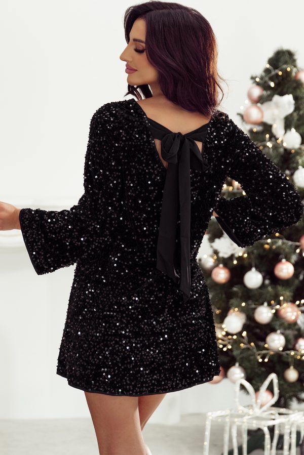 Black Sequin Long Sleeve Knot Cutout Back Mini Dress - Image 2