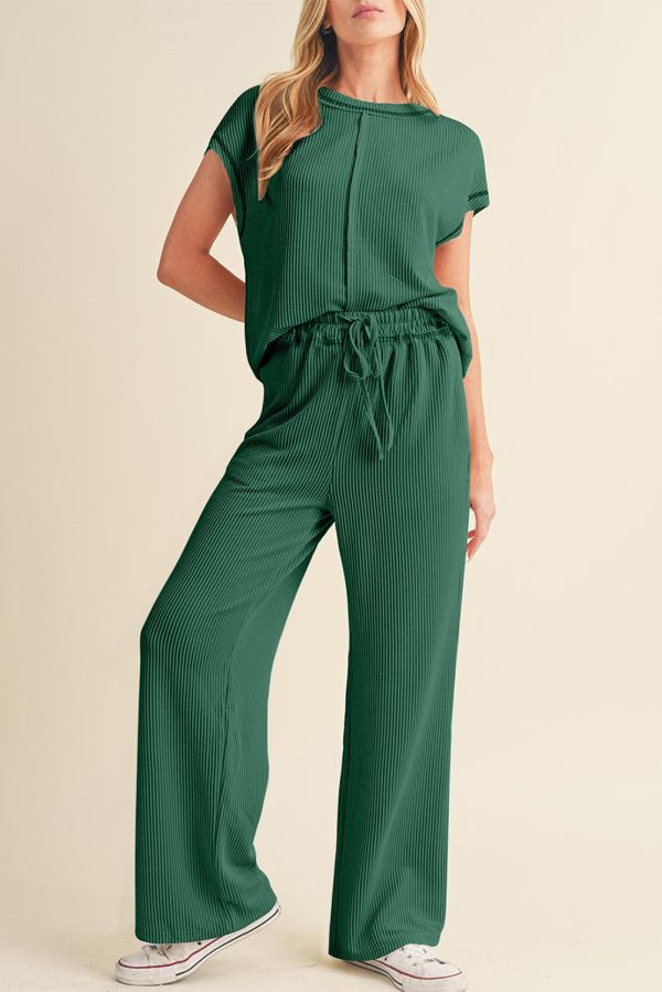 Navy Blue Solid Color Corded Short Sleeve Top and Casual Pants Set - Image 24
