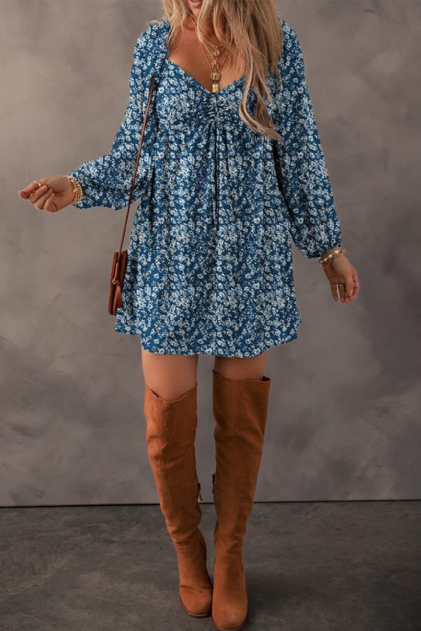 Red Floral Print Sweetheart Neck Shirred Back Mini Dress - Image 13