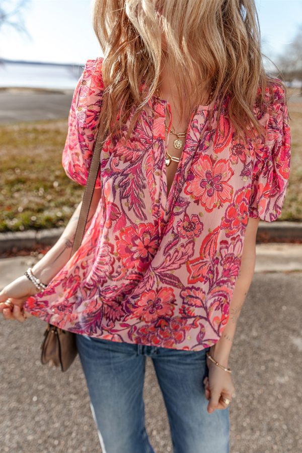 Red Floral Print Ruffled Puff Short Sleeve Blouse - Image 3