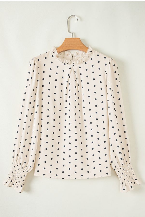 Apricot Polka Dot Print Frilled Collar Lantern Sleeve Blouse - Image 8
