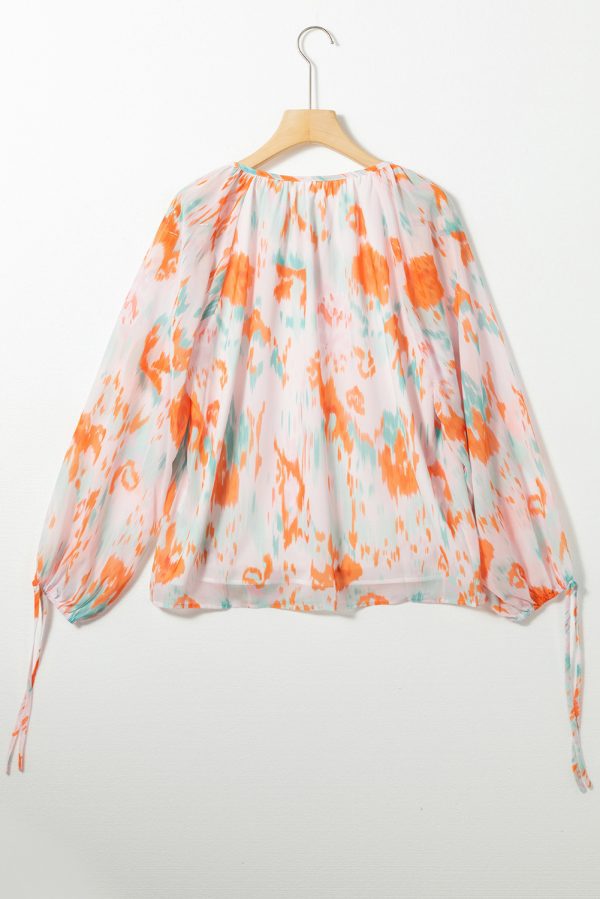 Multicolor Abstract Print Split Neck Puff Sleeve Blouse - Image 6