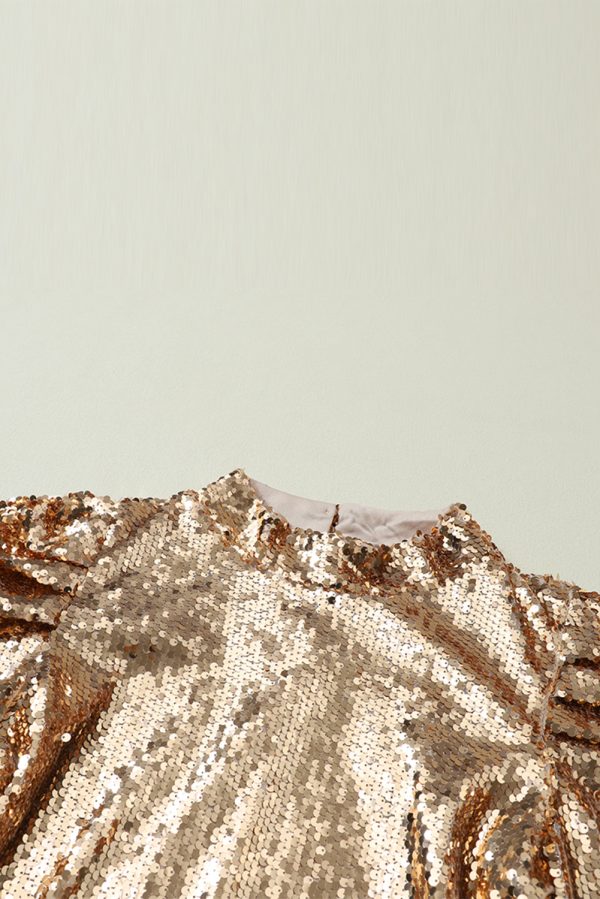 Apricot Sequin Mock Neck Bubble Sleeve Top - Image 8