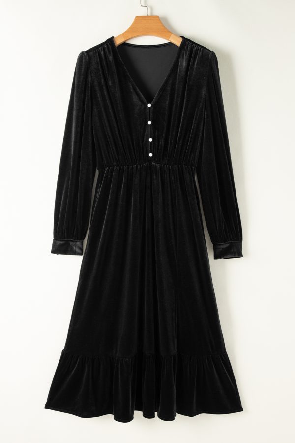Black Velvet Buttoned Puff Sleeve V Neck Split Midi Dress - Image 5