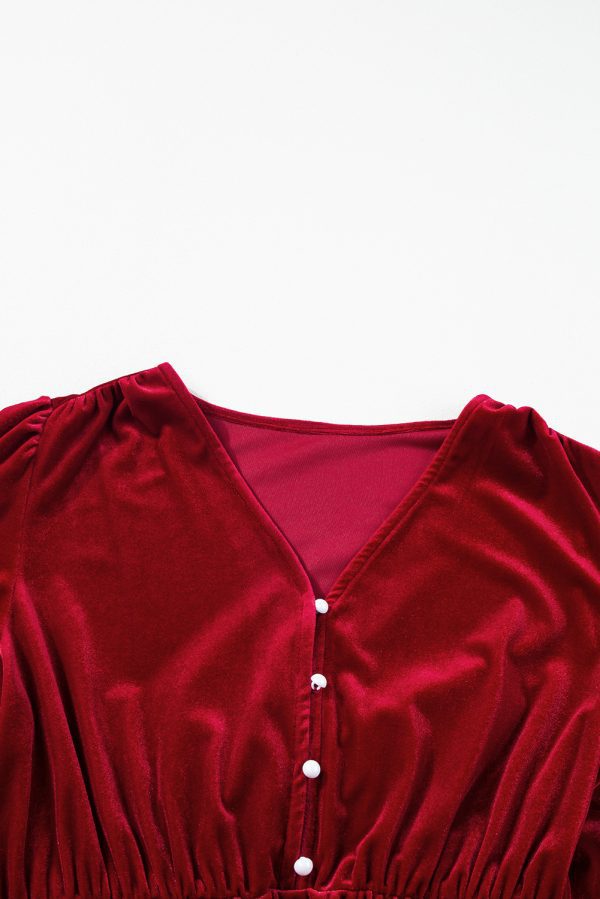 Black Velvet Buttoned Puff Sleeve V Neck Split Midi Dress - Image 15