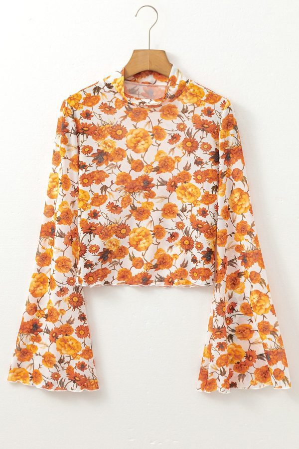 Orange Floral Printed Bell Sleeve Mock Neck Scallop Trim Blouse - Image 6