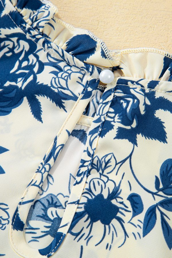 Sky Blue Floral Print Flounce Sleeve Keyhole Back Blouse - Image 7