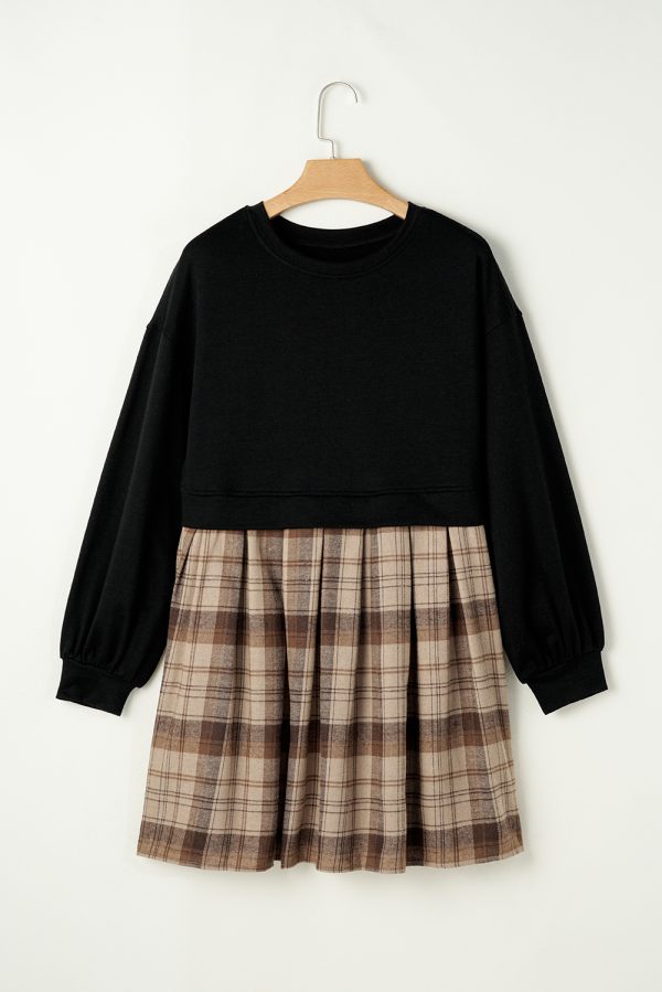 Black Plaid Patchwork High Waist Sweatshirt Mini Dress - Image 5