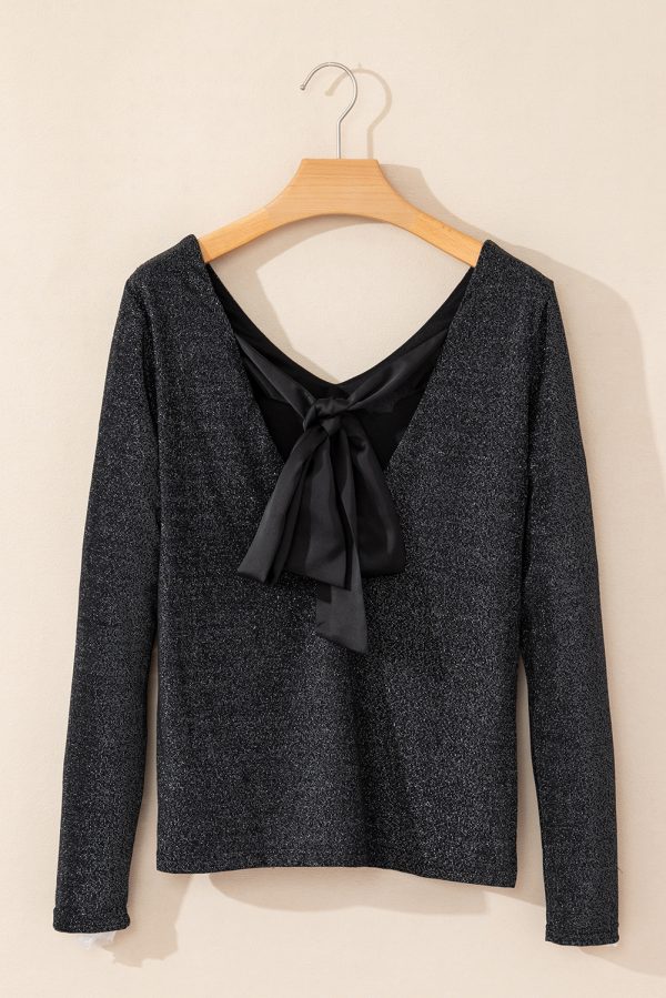 Black Metallic Bowknot Open Back V Neck Top - Image 4