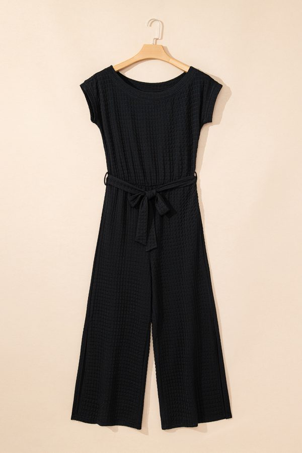 Black Checkered Mesh One Shoulder Short Sleeve Knotted Waist Jumpsuit - Image 6