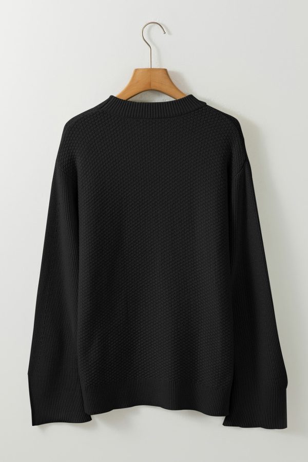 Parchment Solid Textured Knit Split Cuff Drop Shoulder Loose Sweater - Image 13