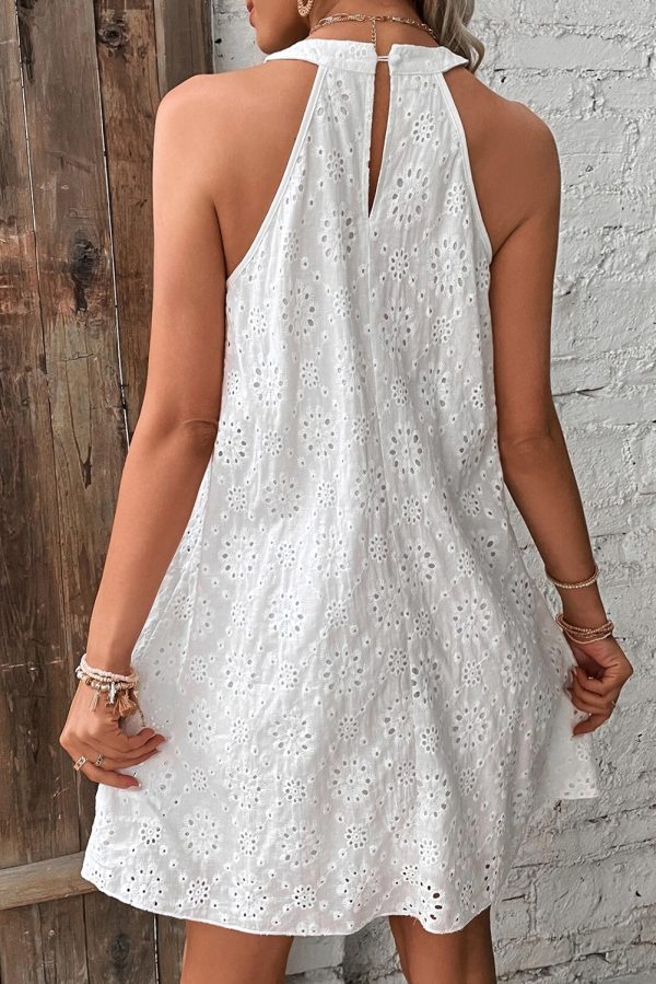 White Boho Eyelet Pattern Halter Neck Sleeveless Dress - Image 2