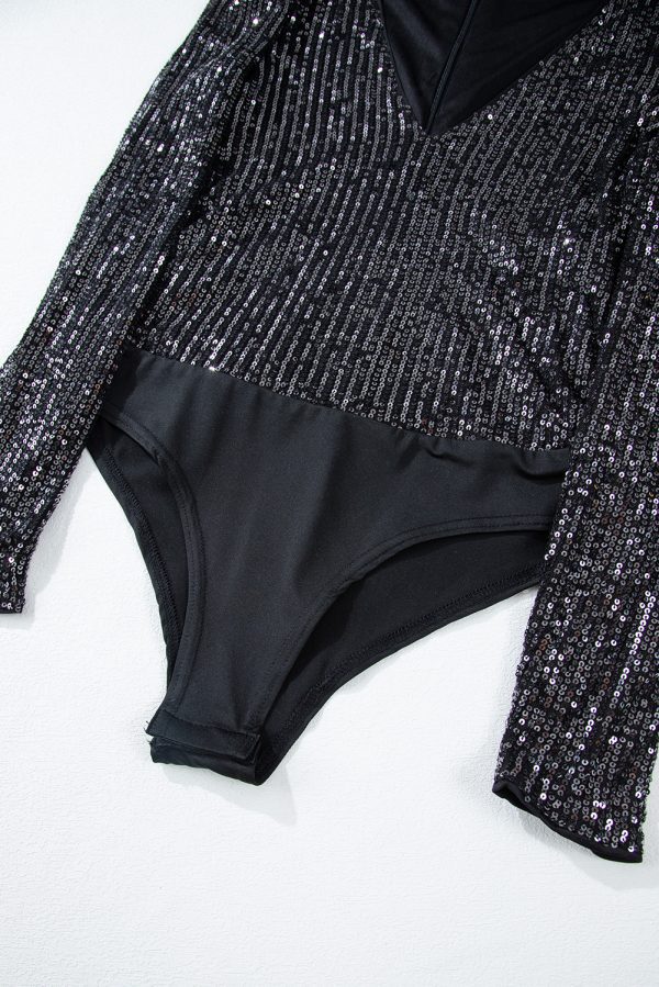 Black Sequin V Neck Zipped Long Sleeve Bodysuit - Image 8