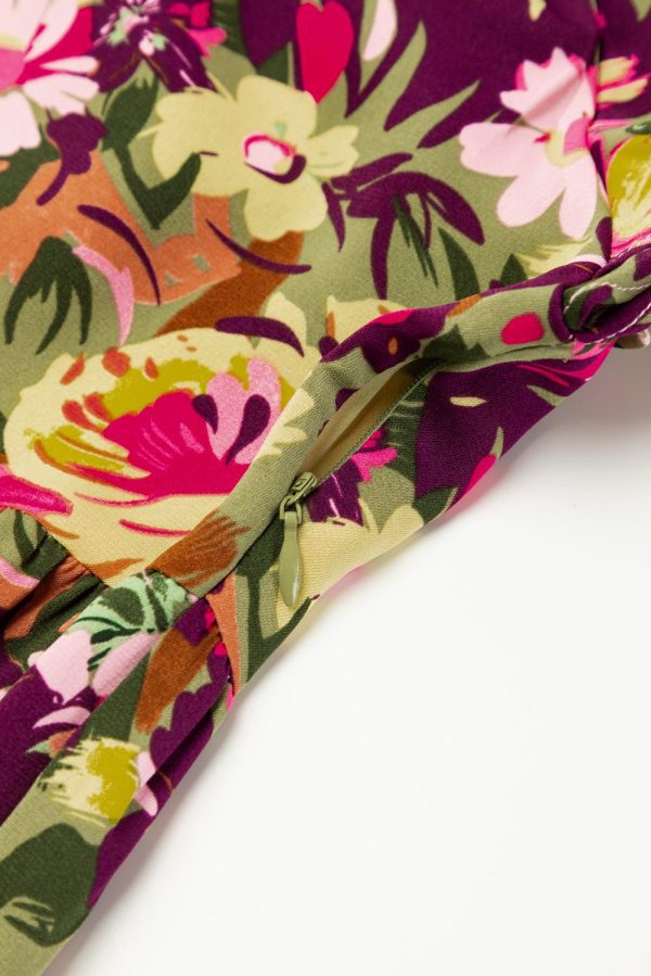 Green Floral Print Ruched Flutter Sleeve Frilled Neck Mini Dress - Image 9