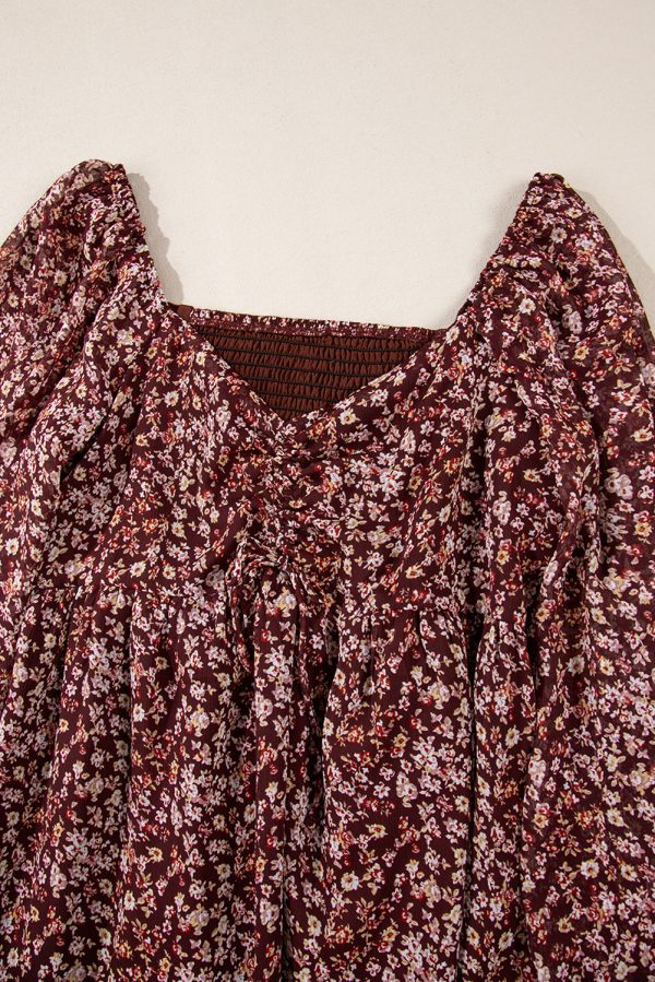 Red Floral Print Sweetheart Neck Shirred Back Mini Dress - Image 10